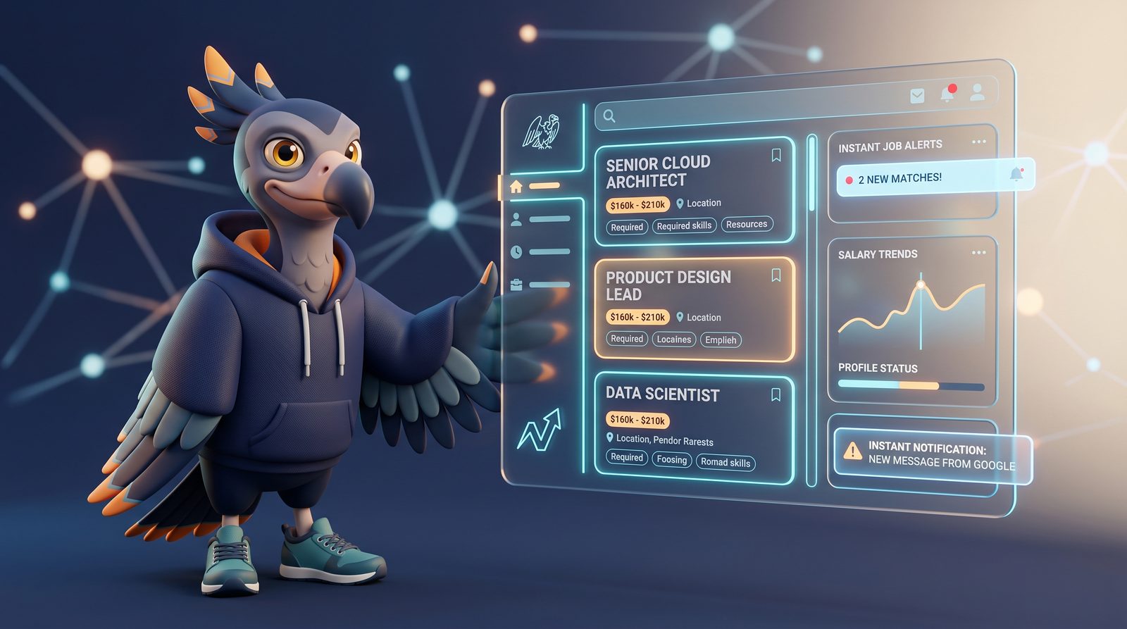 Vulture mascot reviewing job matches on a dashboard