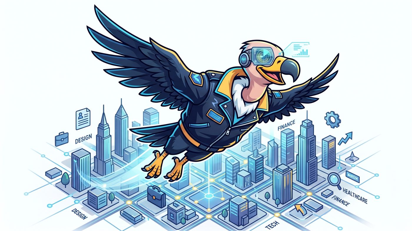 Vulture mascot hunting jobs across tech, design, finance, and healthcare